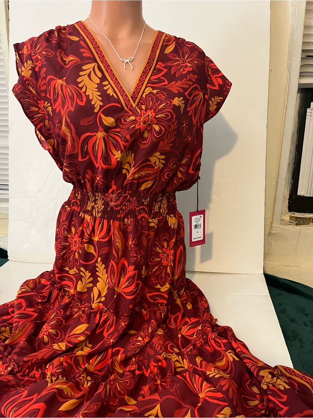 Vince Camuto Burgundy Floral V-Neck Maxi Dress with Gold Accents